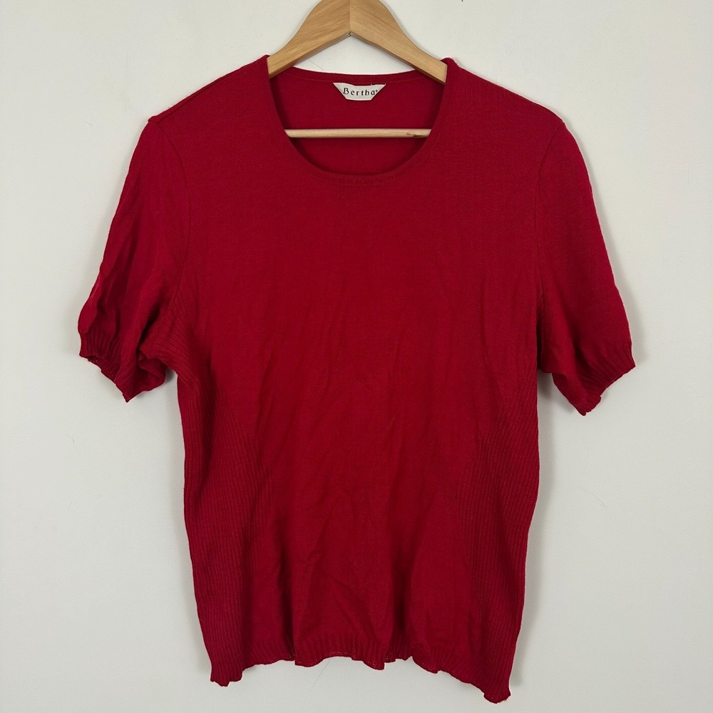 Bertha Rib Knit Top Red Lana Merino Gathered Round Neck True VTG USA Womens L